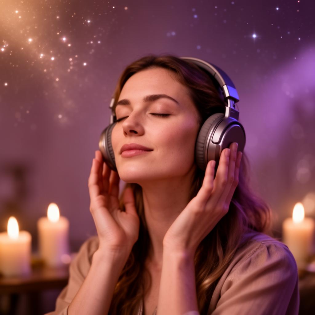 Mulher ouvindo a leitura em áudio com fones de ouvido
